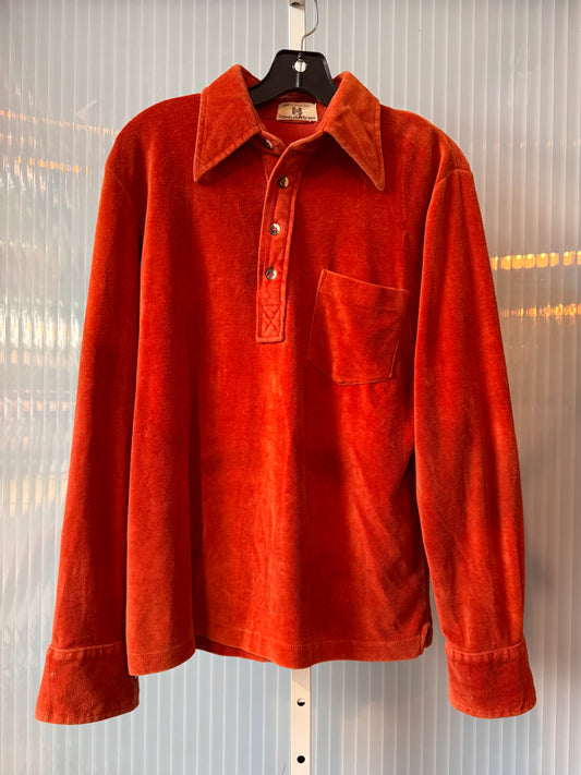 1970s Orange Velour 3/4 Button-up Shirt