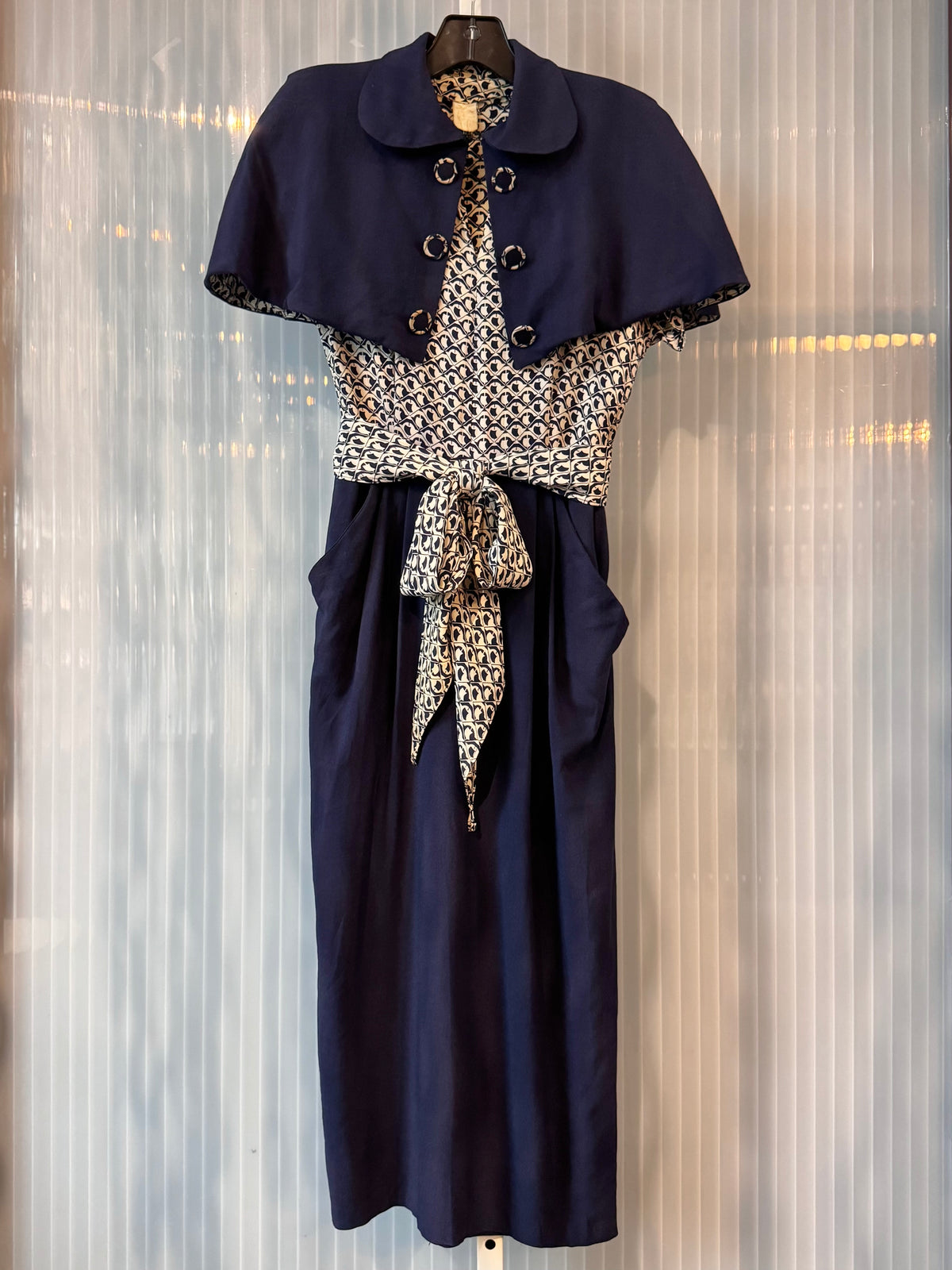 1940s Navy Blue & White Geometric Pattern Dress Set