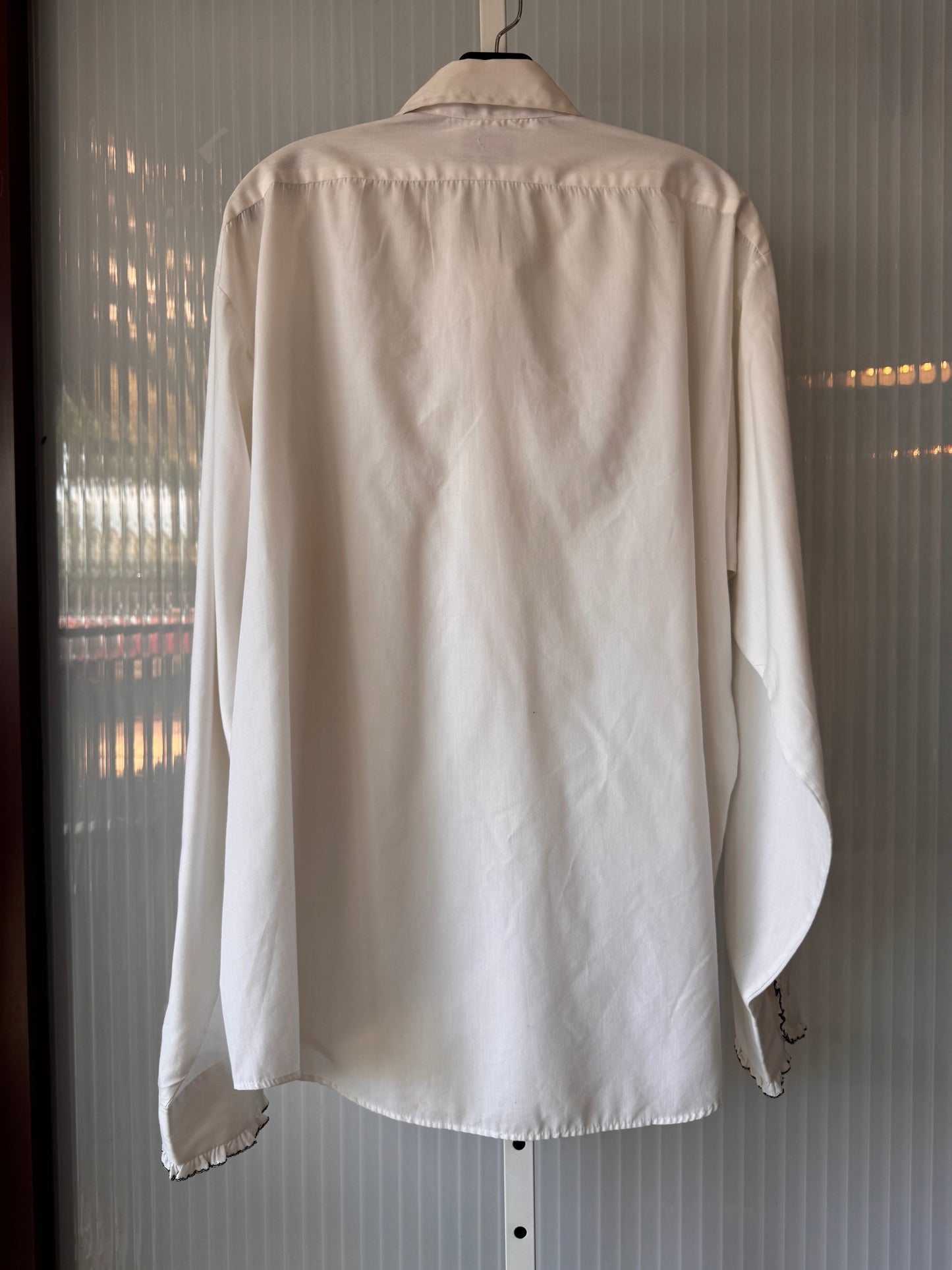 1970s White Formal Shirt with Black Trim Ruffles