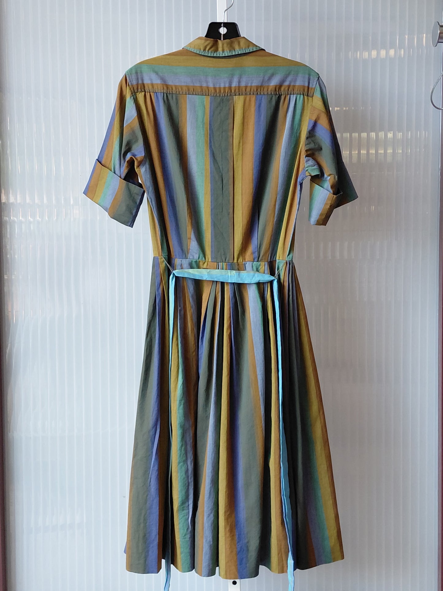 1960s Green, Brown, & Blue Striped Shirtwaist Dress
