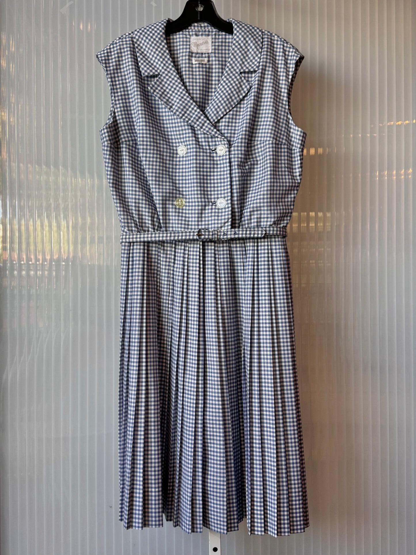 1960s Blue Gingham Sleeveless Shirtwaist Pleated Dress