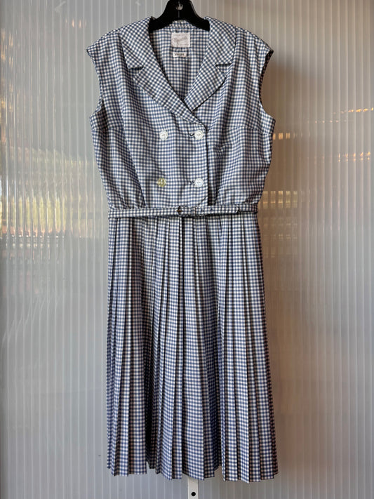 1960s Blue Gingham Sleeveless Shirtwaist Pleated Dress