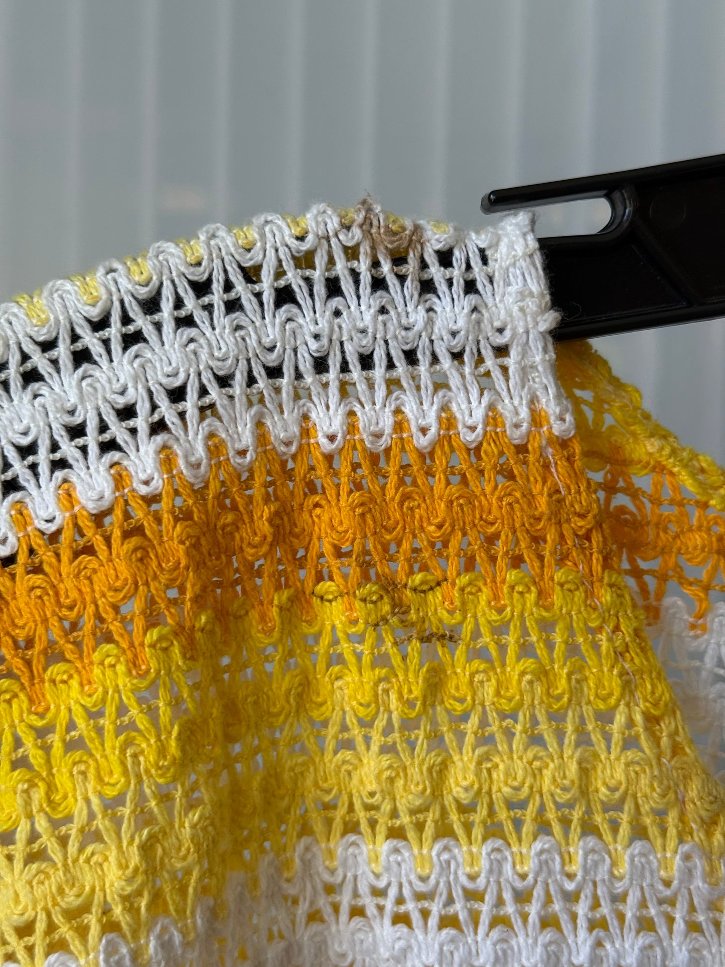 1970s White & Yellow Striped Jacquard Woven & Crochet Blouse