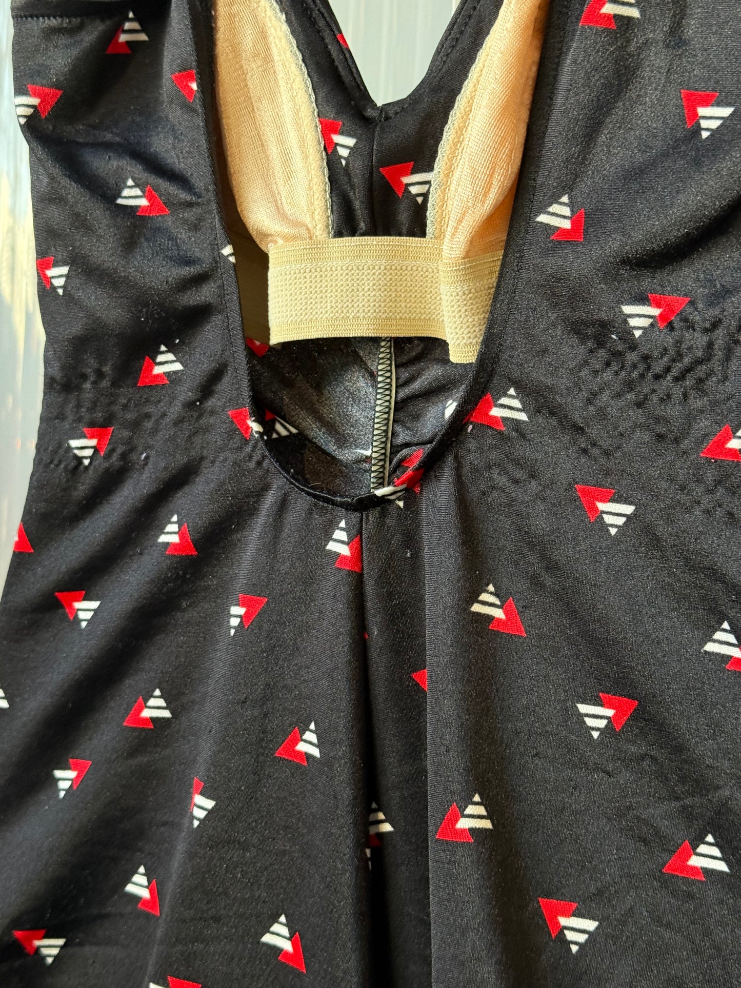 1980s Black Rushed Swimsuit w/ Triangle Pattern