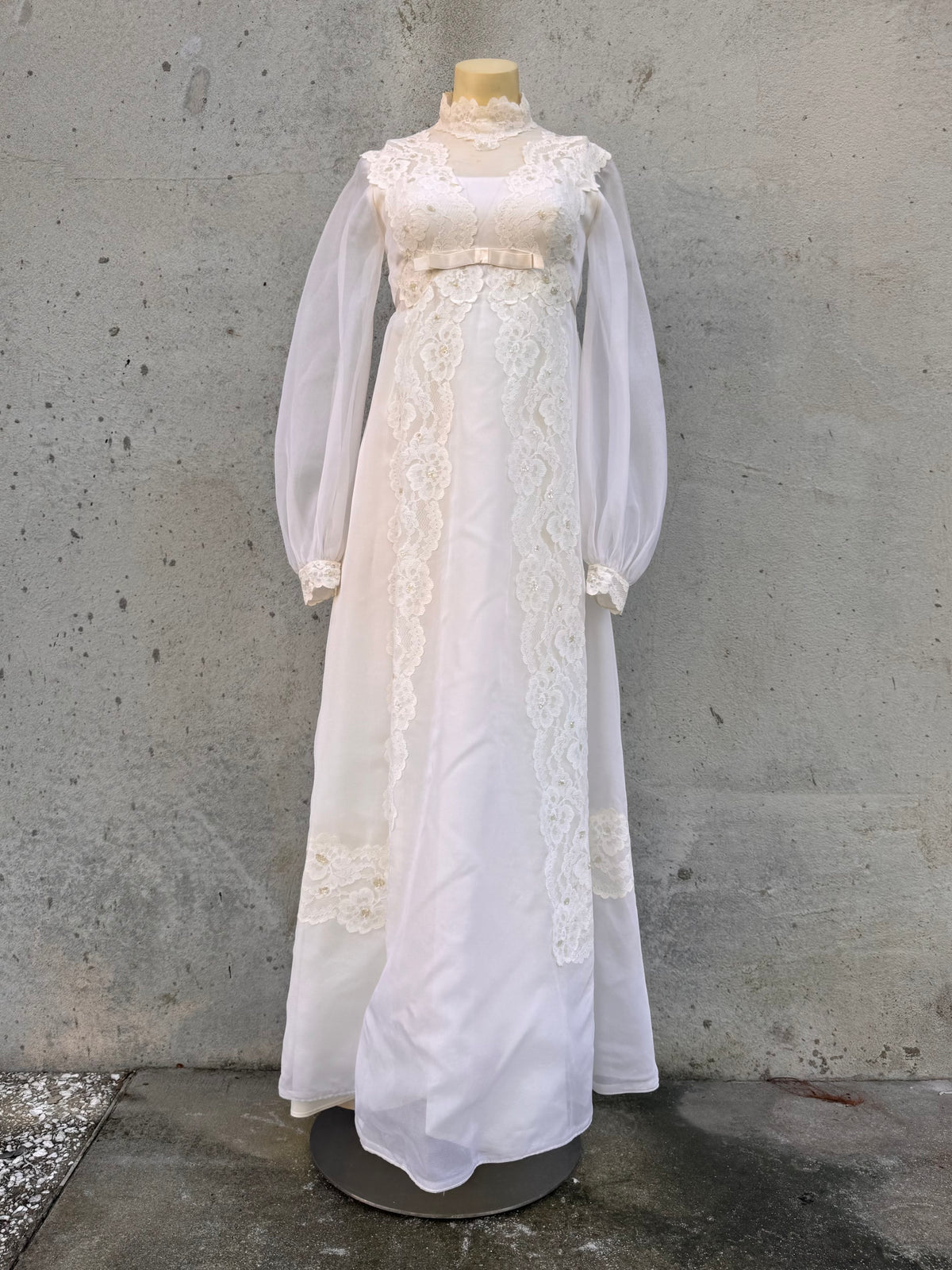 1970s White Organza Empire-Waist Wedding Dress