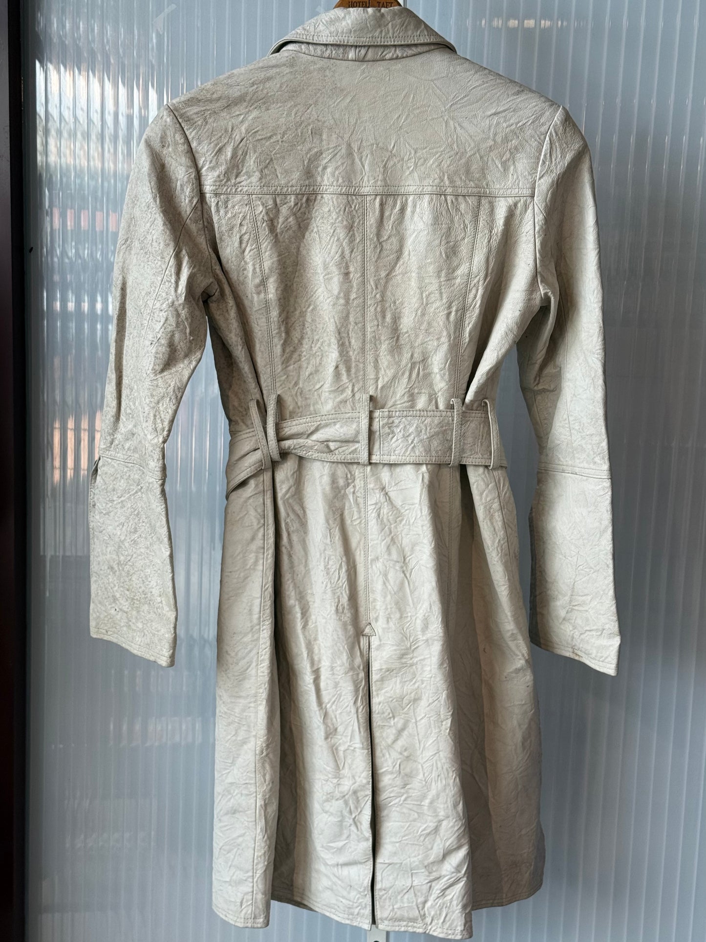 1970s Pale Grey Leather Trench Coat Dress w/ Metal Fleur de Le Buttons
