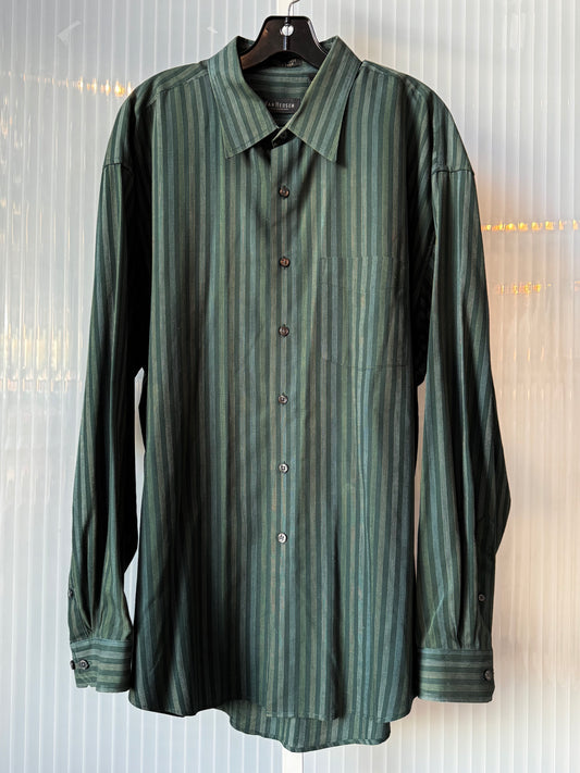 1970s Dark Green Striped Button-Up Shirt