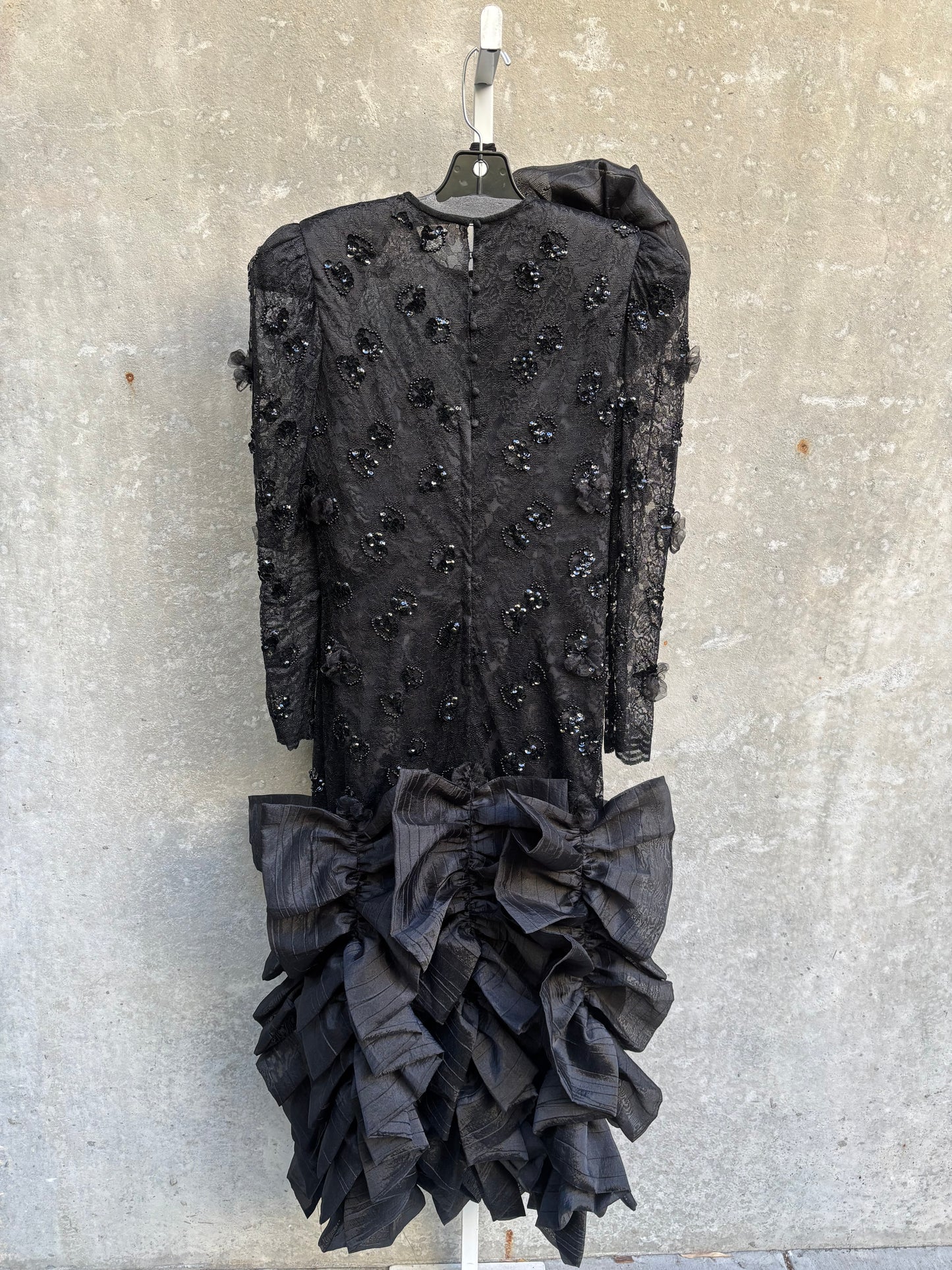 1980s Black Lacey Prom Dress w/ Flowers & Sequin Appliqué