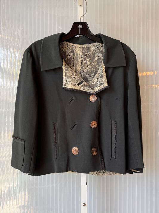 1940s Dark Forest Green Double Breasted Lace-Lined Blazer