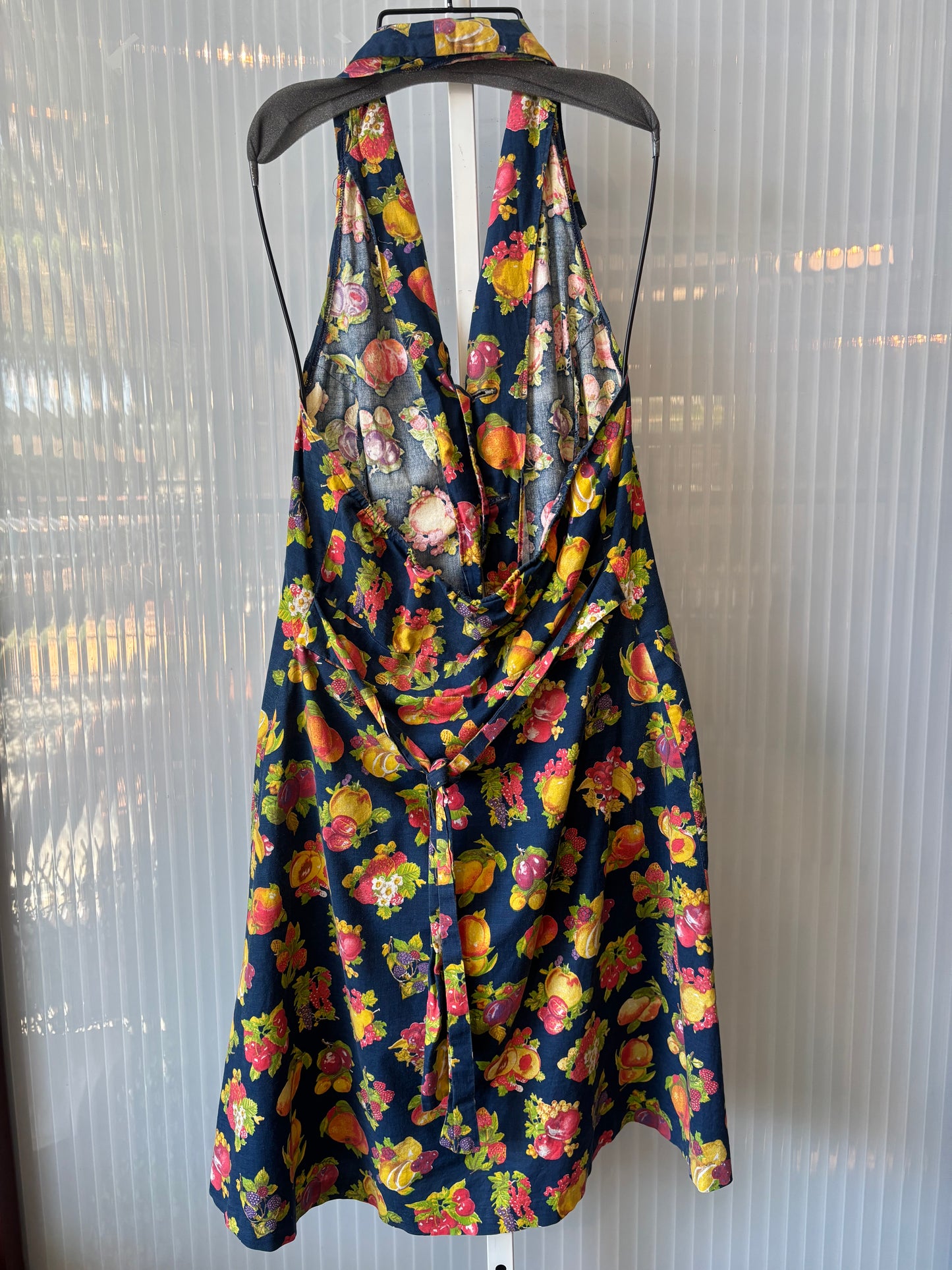 1970s Navy Blue Fruit Print Halter Dress