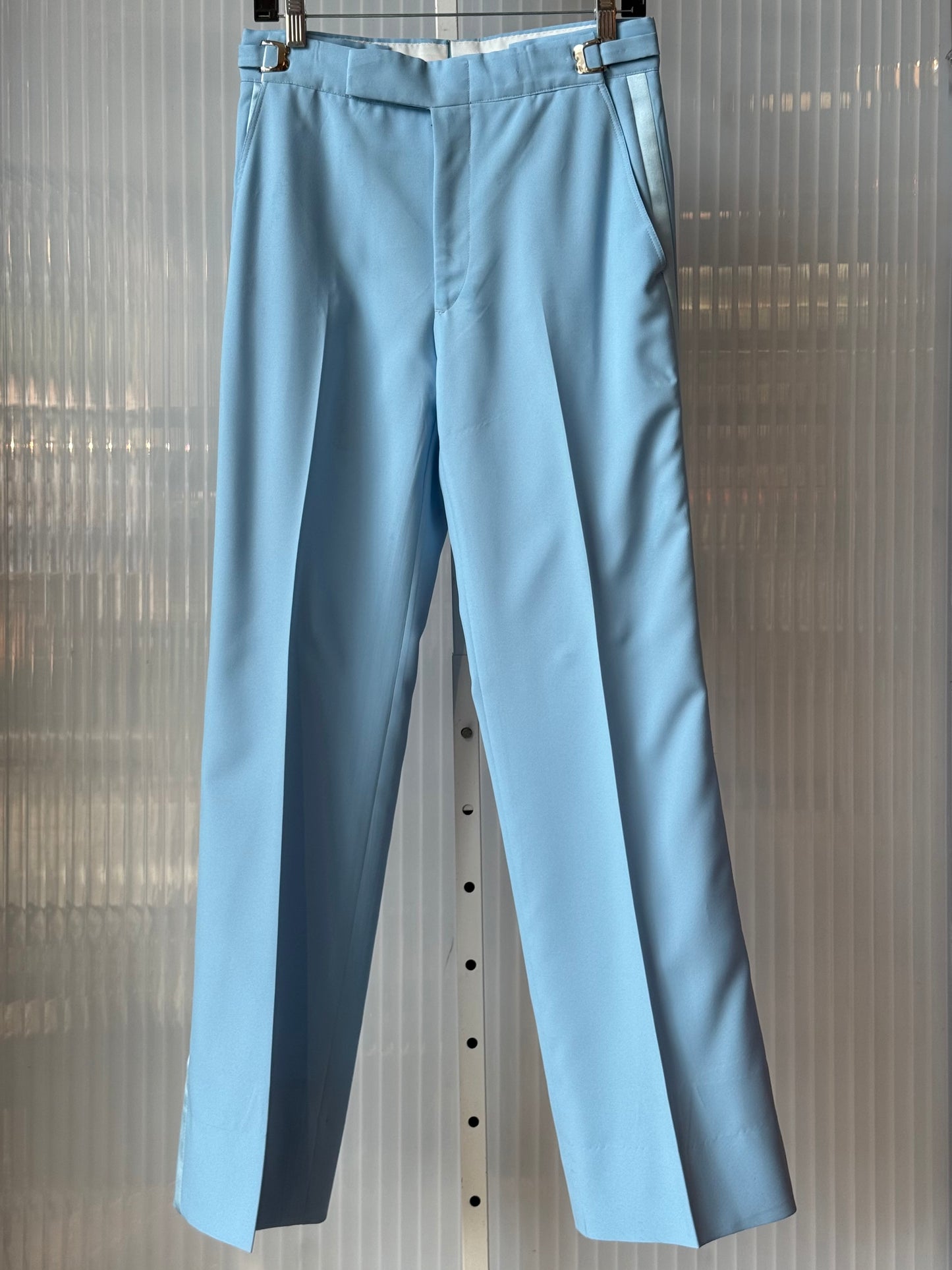 1970s Powder Blue Tuxedo Jacket, Pants, Cummerbund & Jabot Set