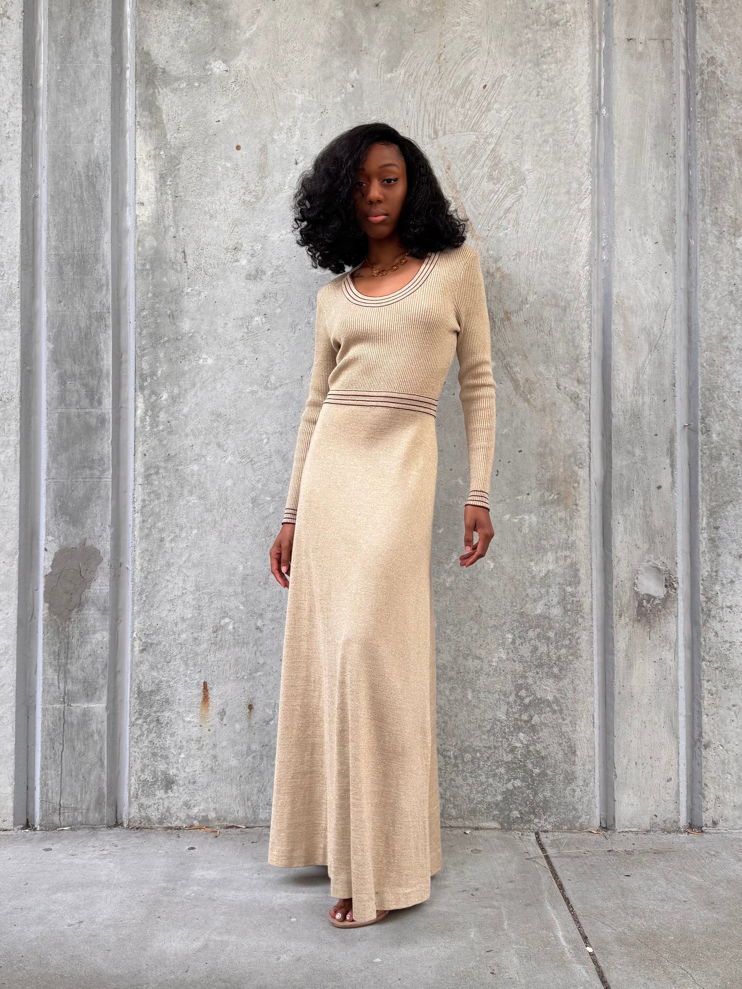 1970s Gold Sparkle Floor Length Knit Dress
