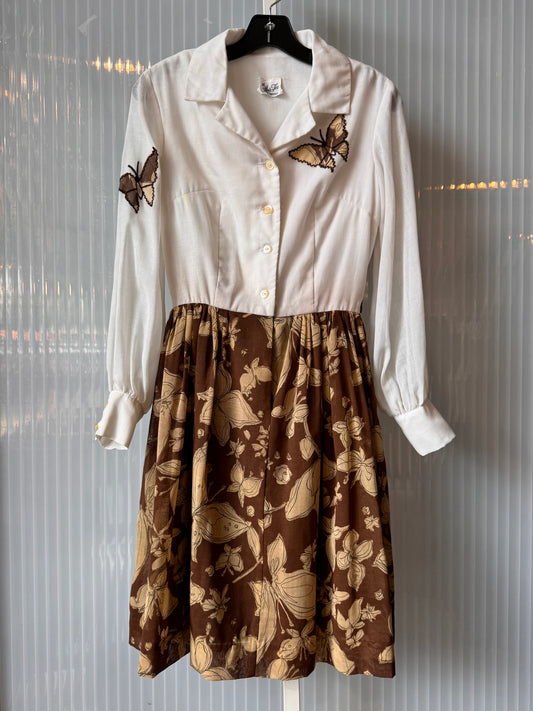 1970s White & Brown Butterfly Shirtwaist Dress