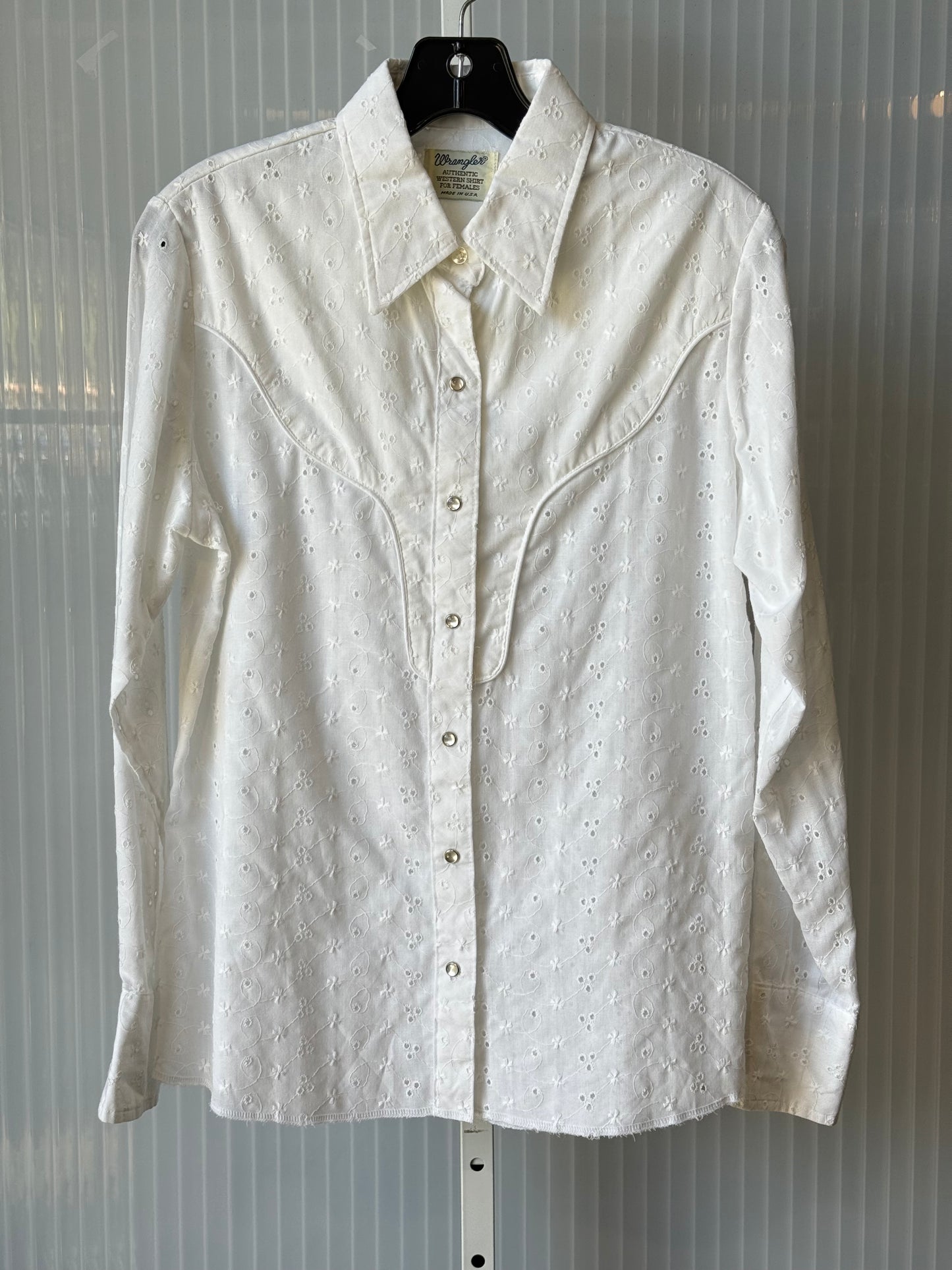1970s Wrangler White Eyelet Western Shirt with Pearl Snaps