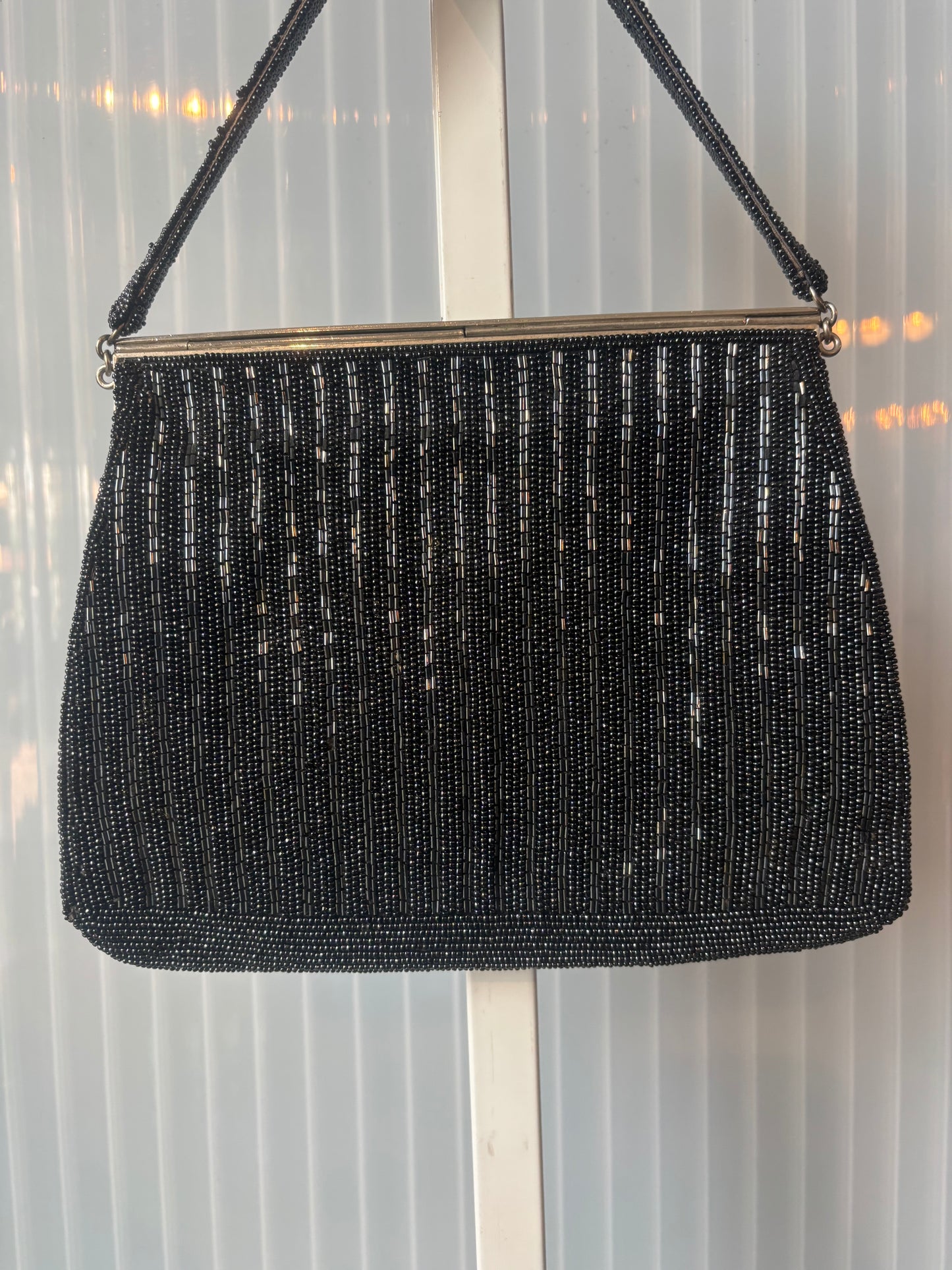 1960s Mother of Pearl Black Beaded Evening Bag
