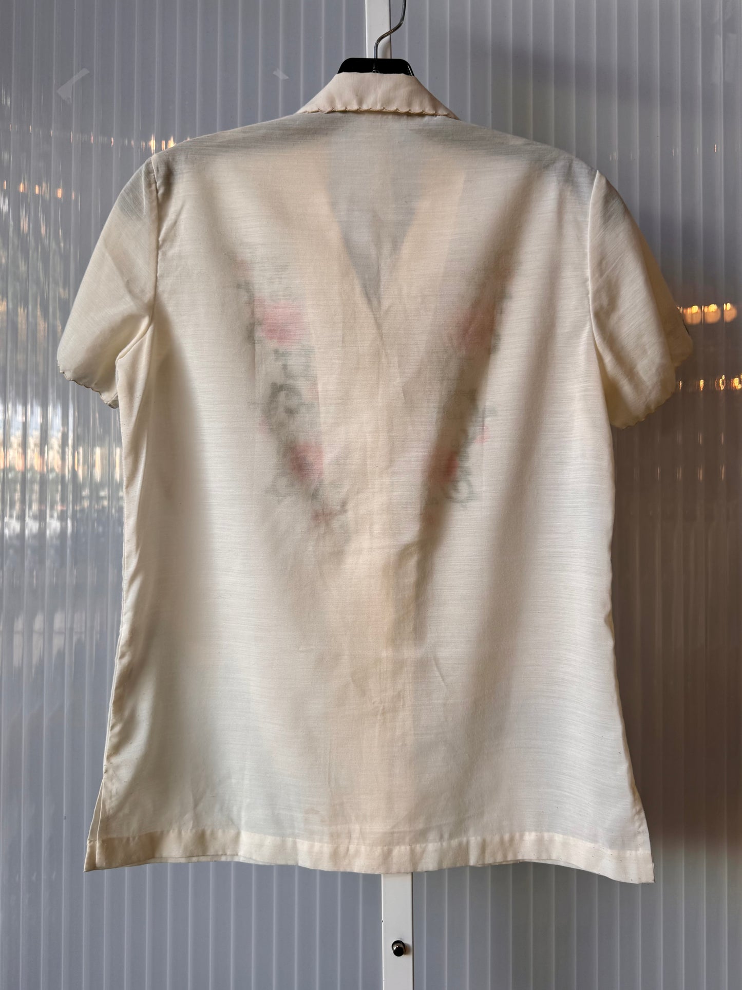 1960s Pink Floral Embroidered White Blouse