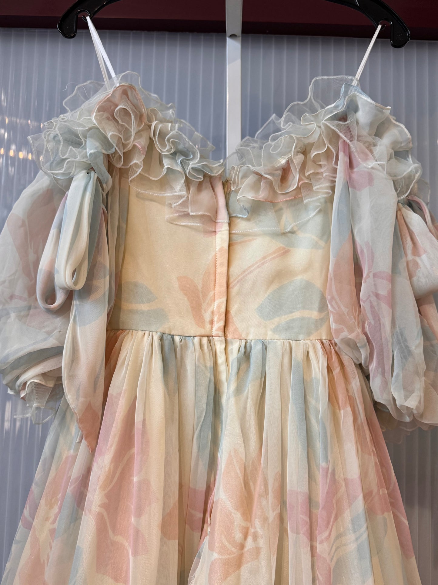 1980s Off-white & Pink Floral Off-Shoulder Gown