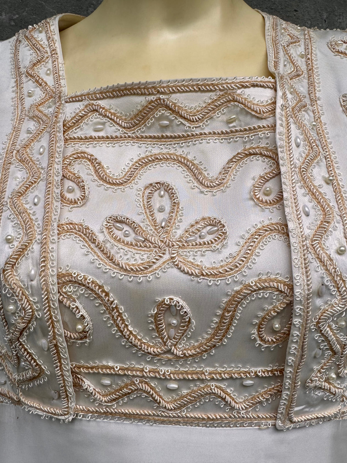 1970s Cream Wedding Dress with Tan Embroidery