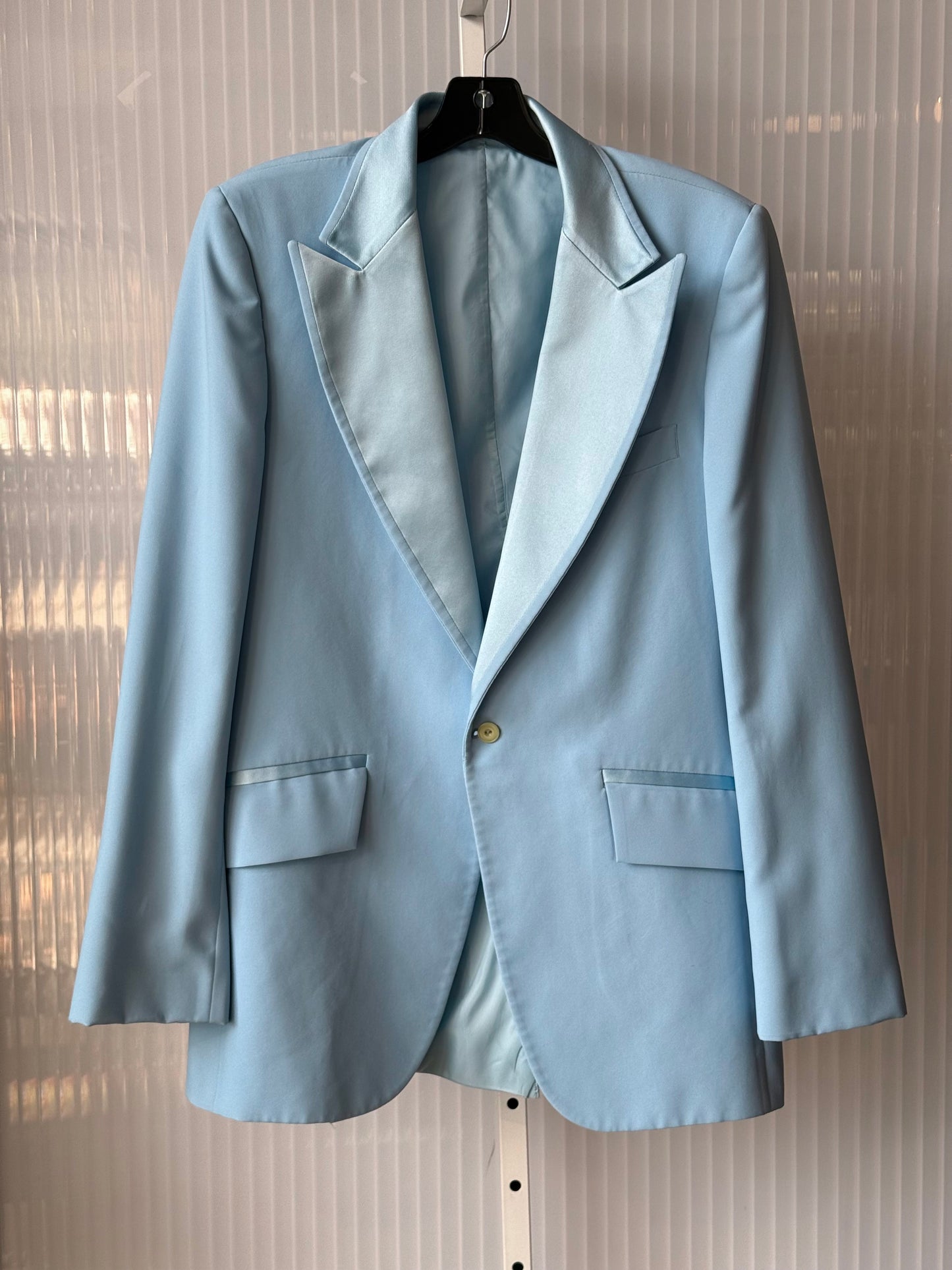 1970s Powder Blue Tuxedo Jacket, Pants, Cummerbund & Jabot Set