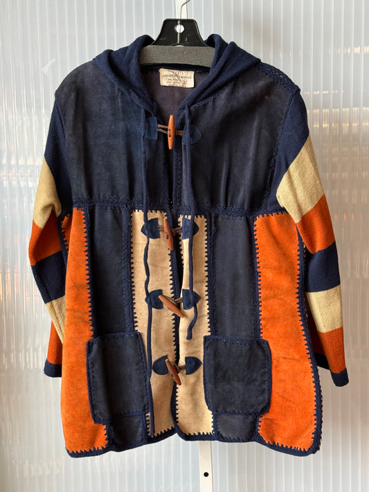 1970s Blue & Orange Suede Coat w/ Knitted Hood & Sleeves