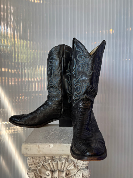Justin Black Leather Cowboy Boot w/ Blue Stitching 12B