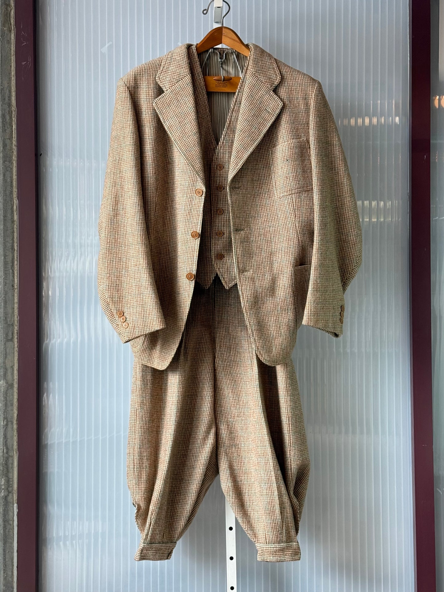 1970s Cream & Green Wool Tweed Suit Set