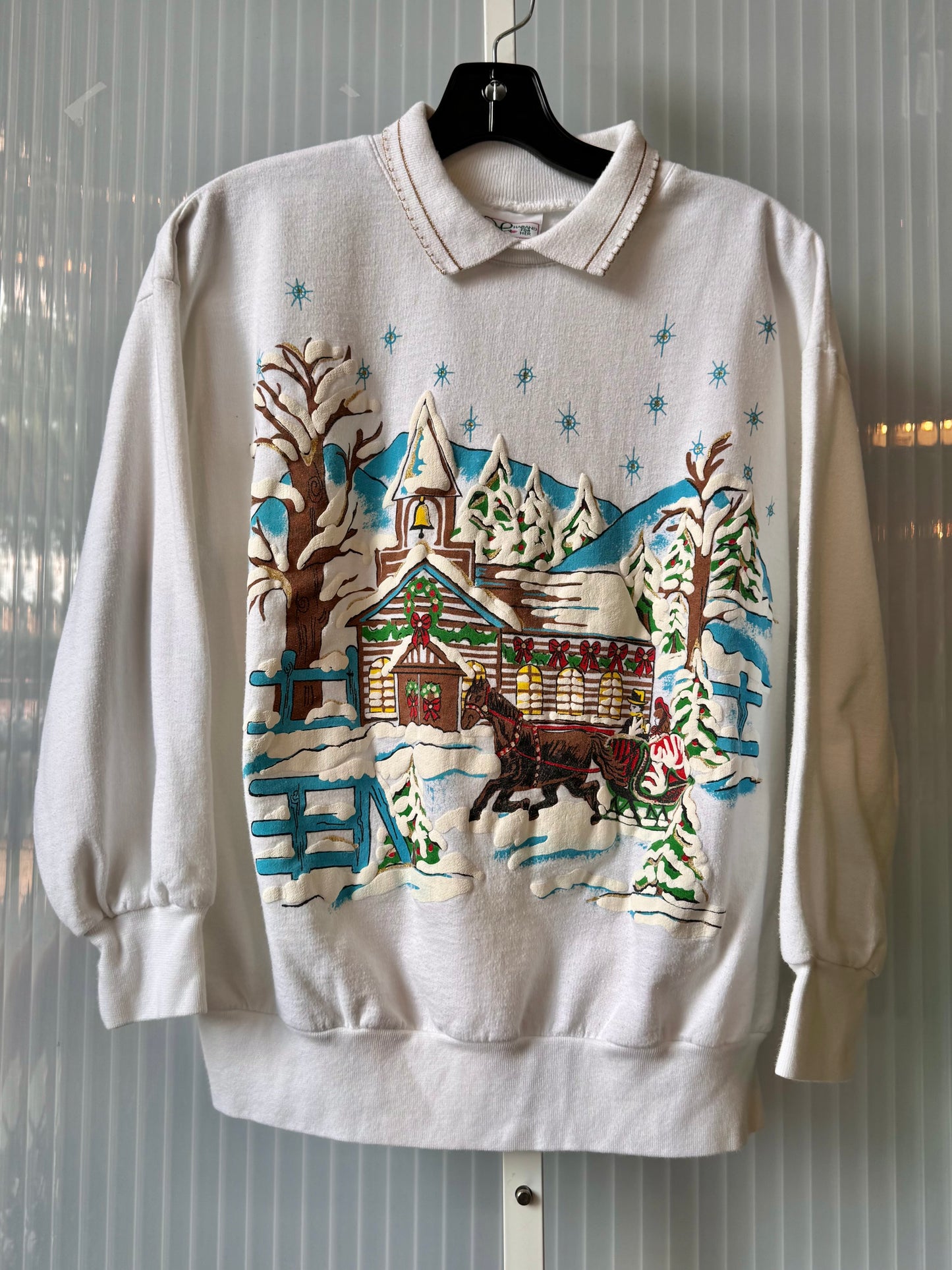 1980s Christmas Log Cabin Print White Sweater