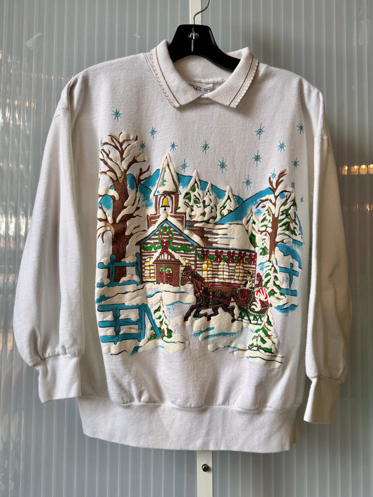 1980s Christmas Log Cabin Print White Sweater
