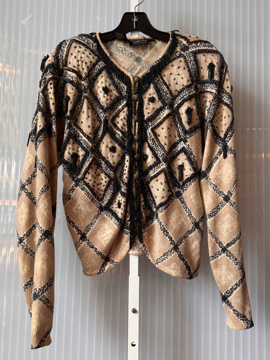 1990s Beige & Black Sparkly Beaded Cardigan