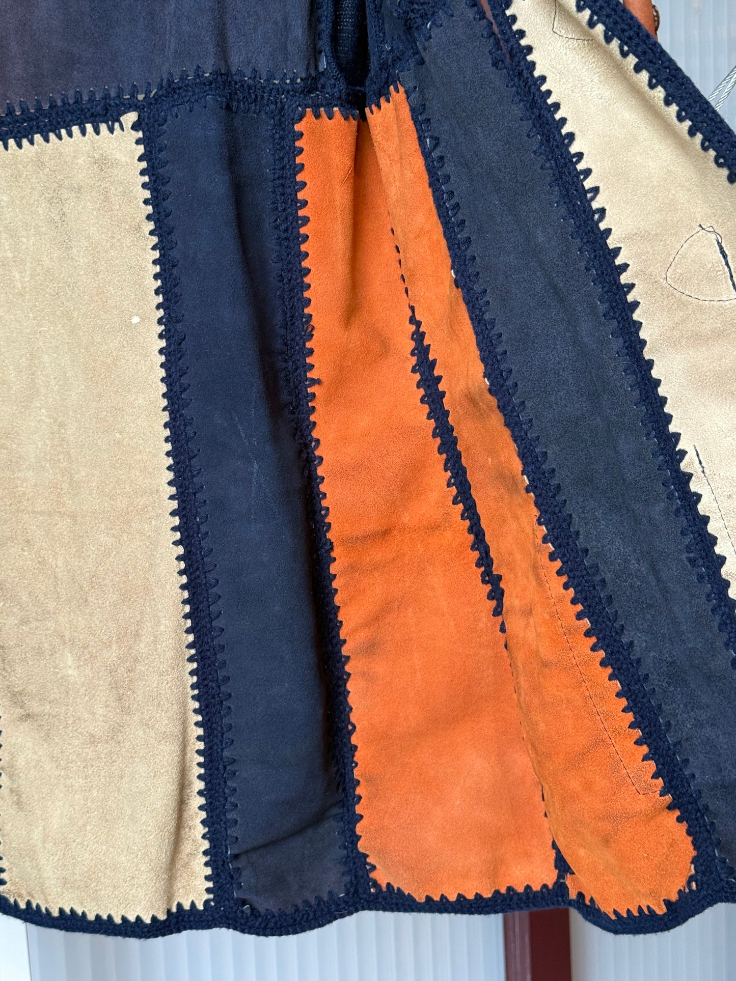 1970s Blue & Orange Suede Coat w/ Knitted Hood & Sleeves