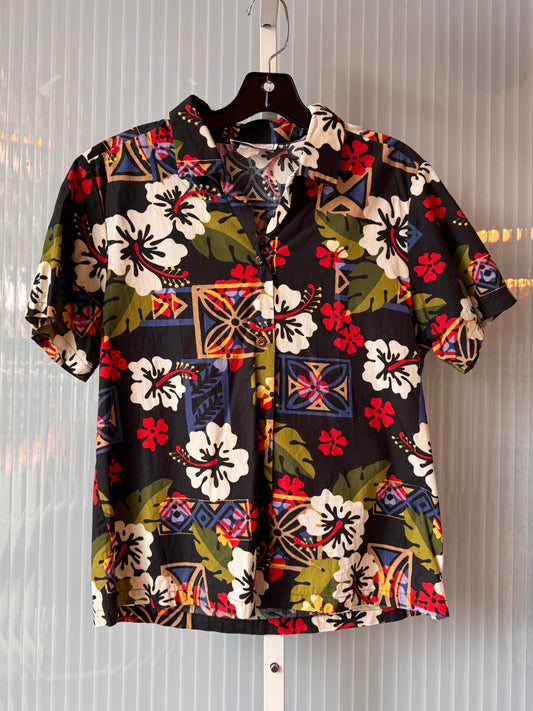 1980s Nui Nalu Multicolor Hawaiian Short Sleeve Collared Blouse