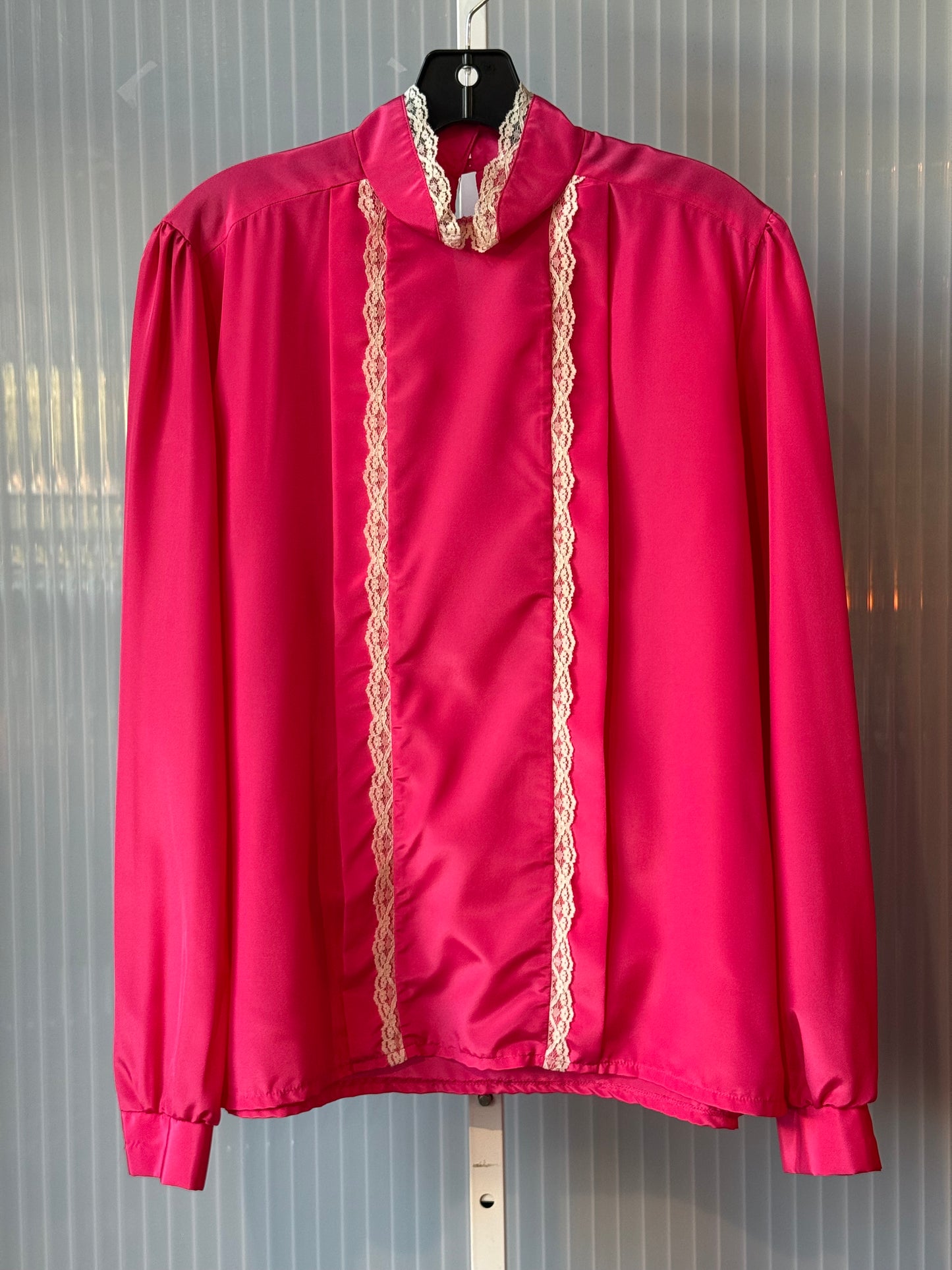 1980s Fuchsia High Collar Blouse with Lace Details