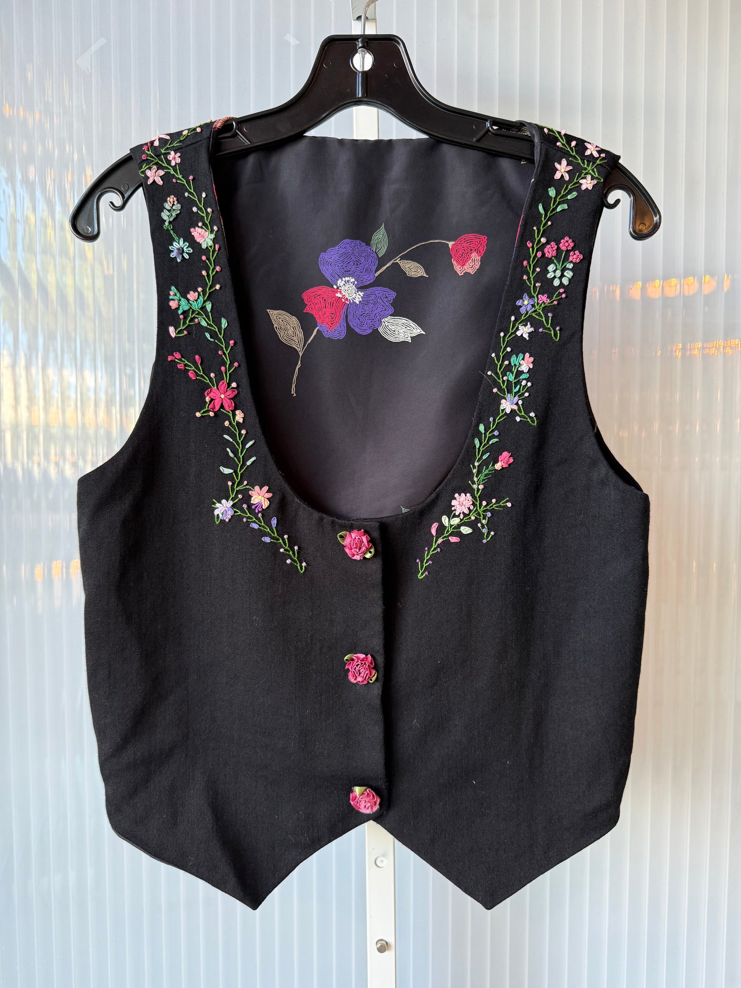 1960s Black Vest w/ Ornate Floral Embroidery & Applique
