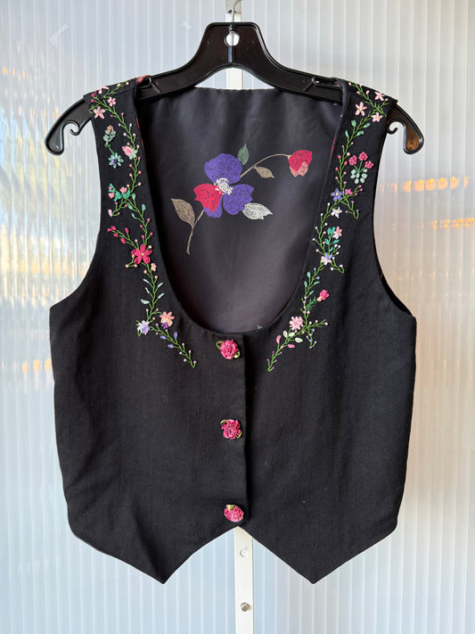 1960s Black Vest w/ Ornate Floral Embroidery & Applique