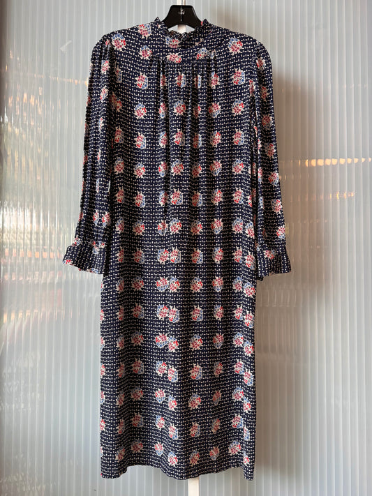 1980s Diane Von Furstenburg Navy Blue & White Floral Dress