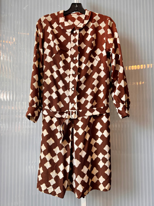 1970s Brown & White Plissé Rhombus Dropwaist Dress
