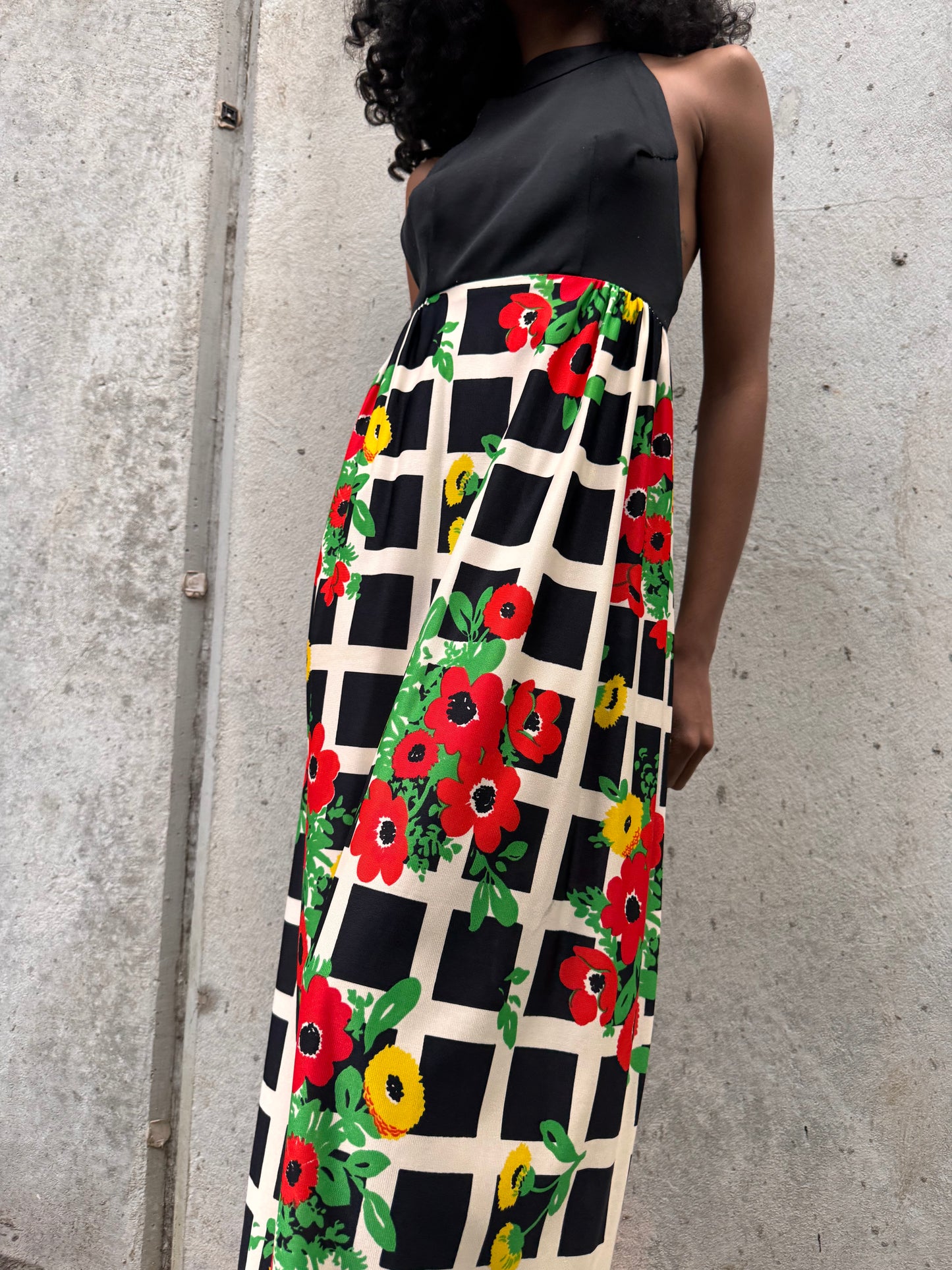 1970s Black Red & Green Floral Halter-Like Dress