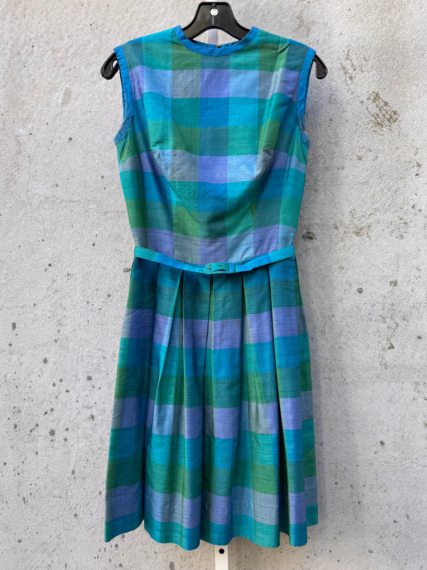 1960s Blue & Green Checked Pleated Sleeveless Dress