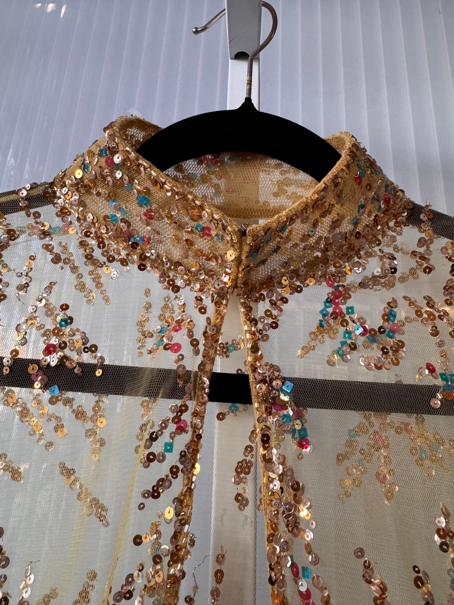 1970s Yellow Sheer Sequin Jacket Overlay w/ Beaded Fringe