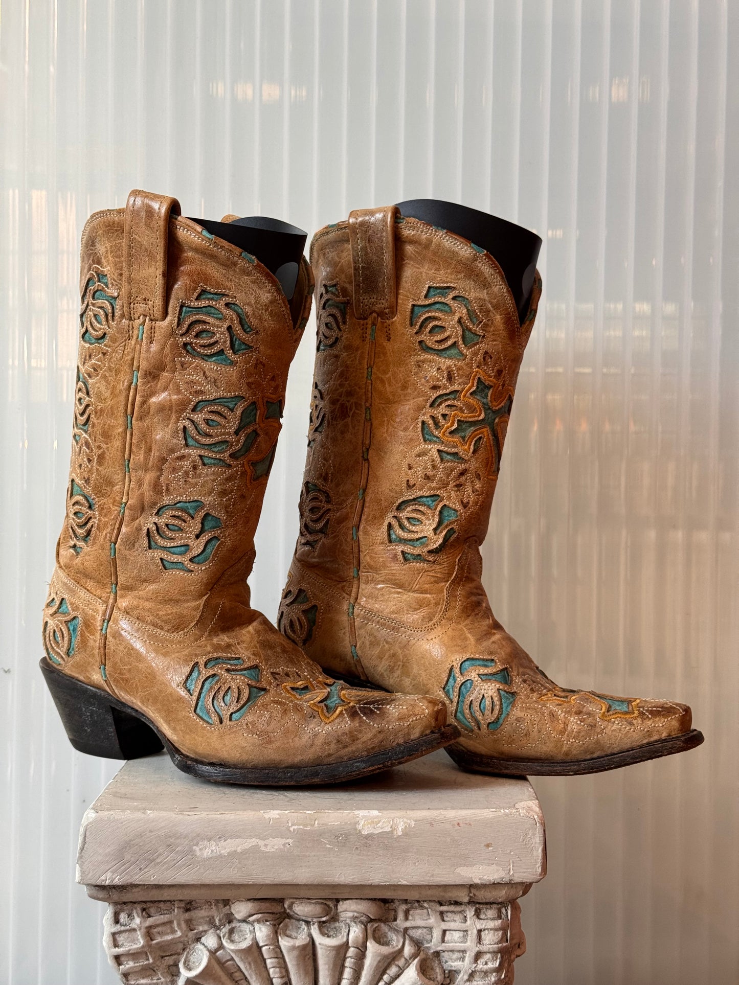 Corral Tan & Teal Floral Leather Western Boots