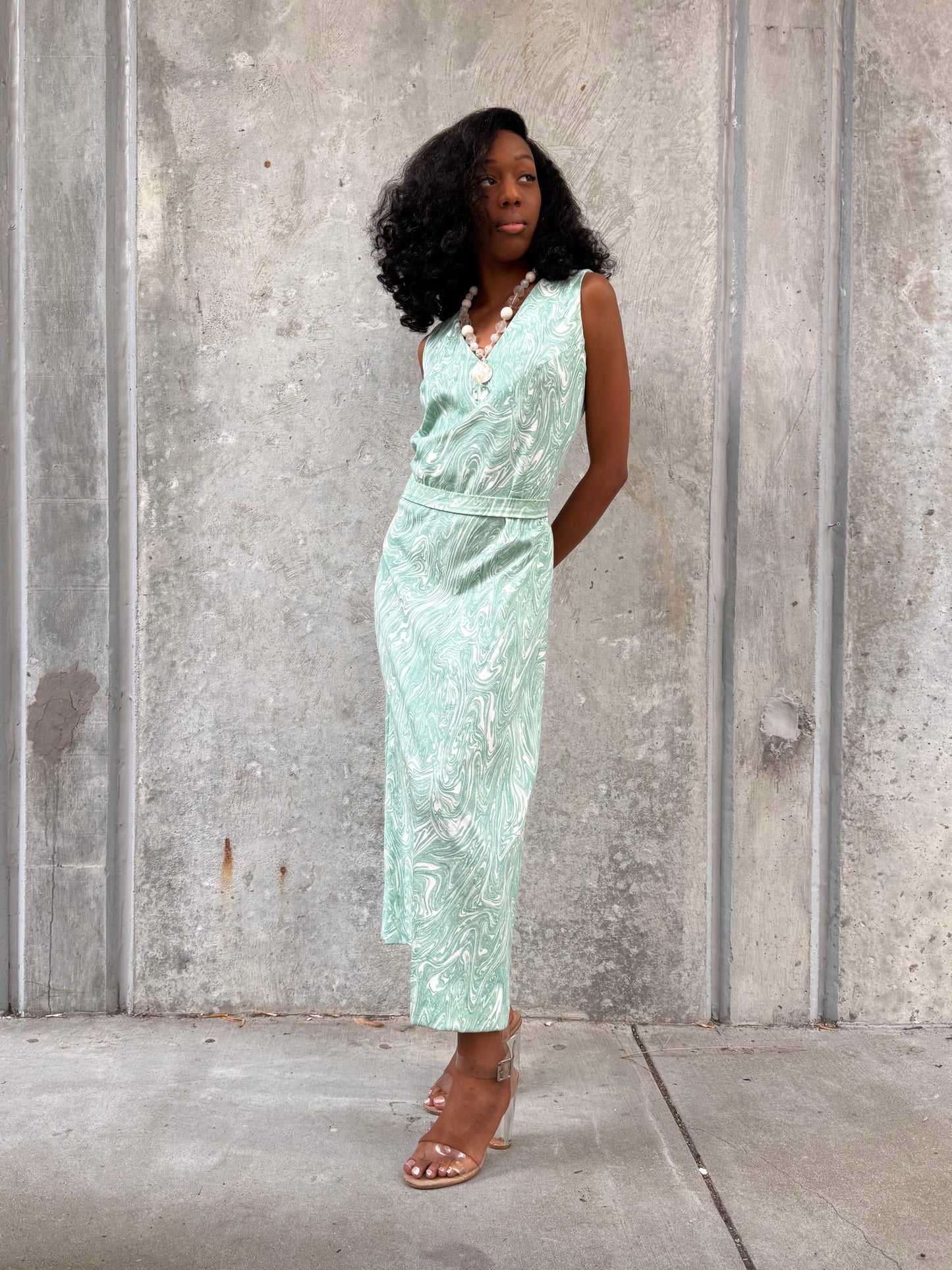 1970s Marbled Teal Dress & Wrap Jacket Set