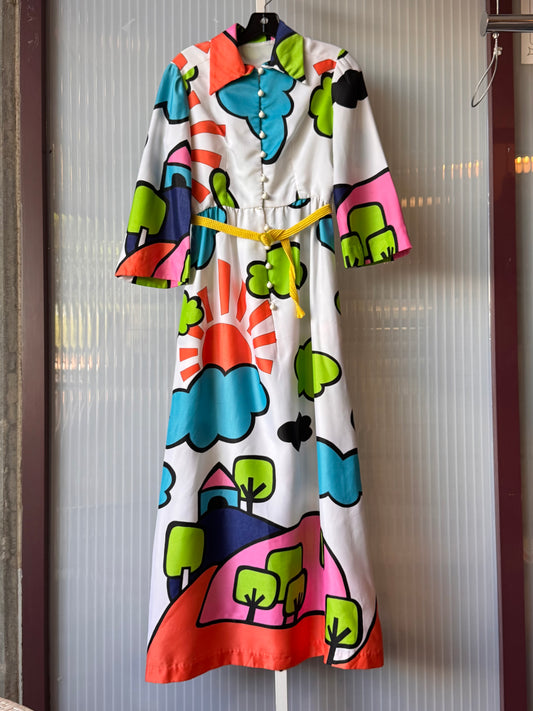1960s/70s White Long-Sleeve Cartoon Dress