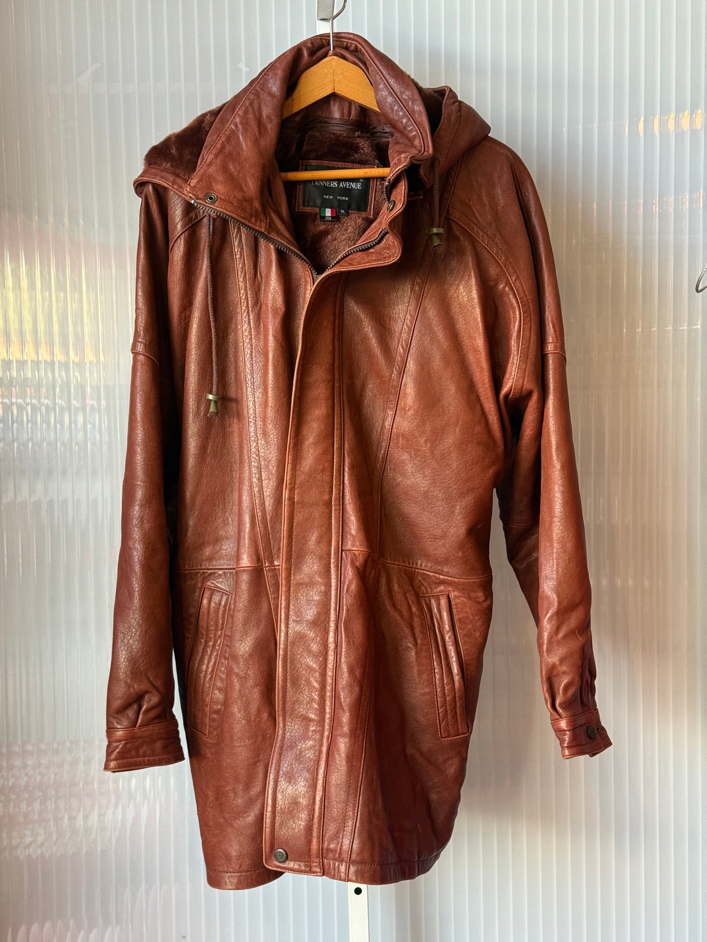 1990s Italian Lamb Leather Brick Colored Coat w/ Faux Fur Lining