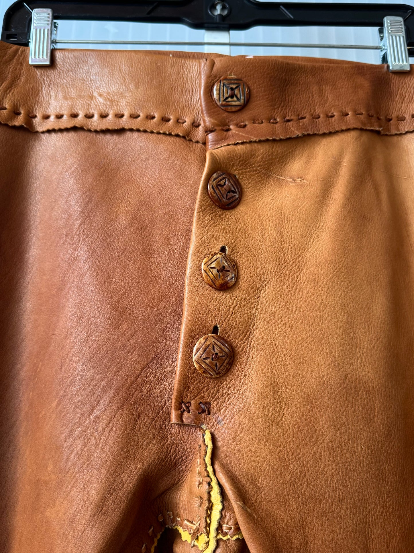 1970s Carmel Leather Pants w/ Large Carved Buttons
