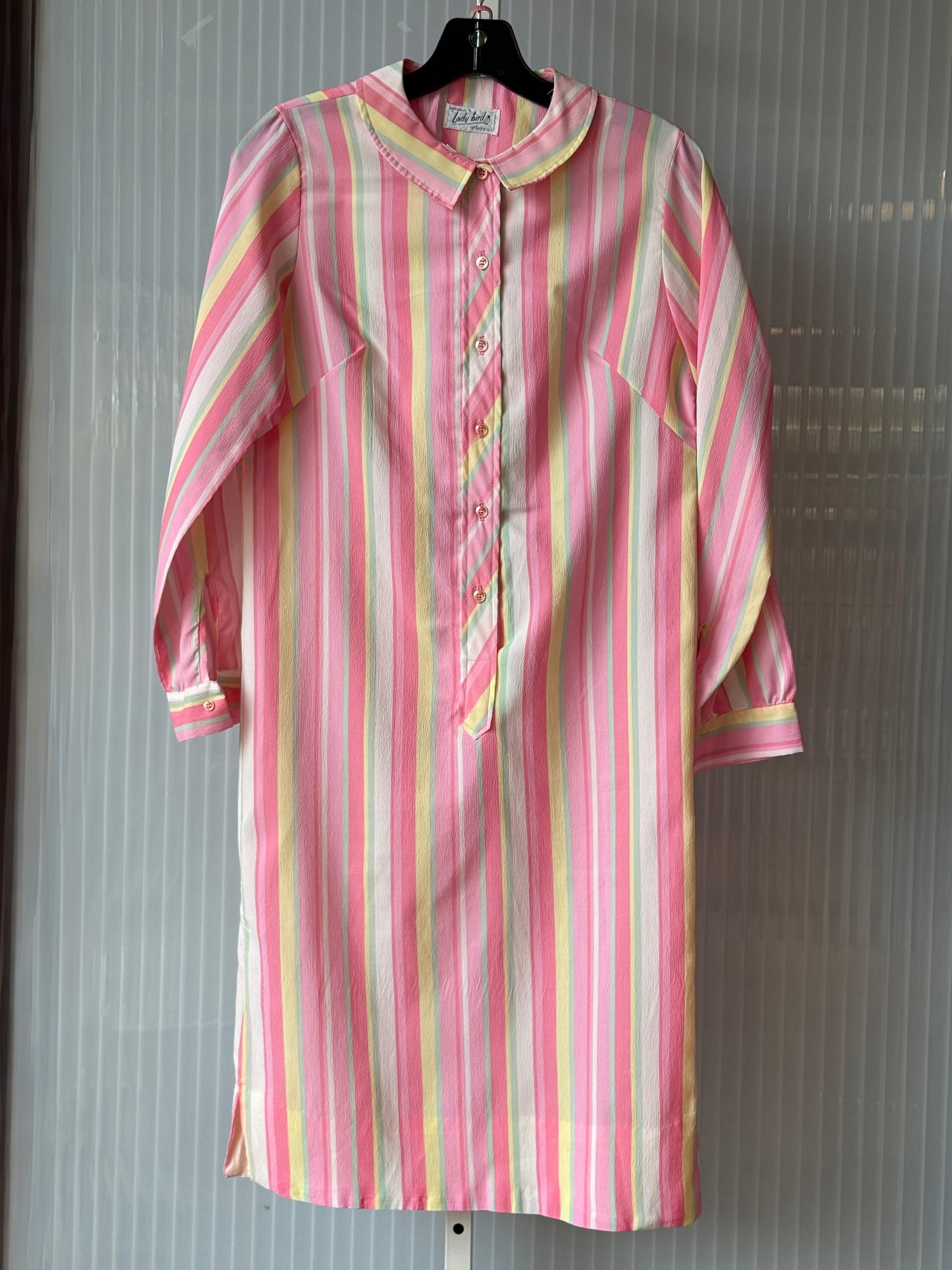 1960s Pastel Mod Striped Crepe 3/4 Button-Up Shift Dress