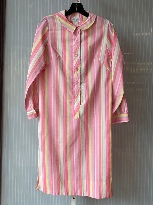 1960s Pastel Mod Striped Crepe 3/4 Button-Up Shift Dress