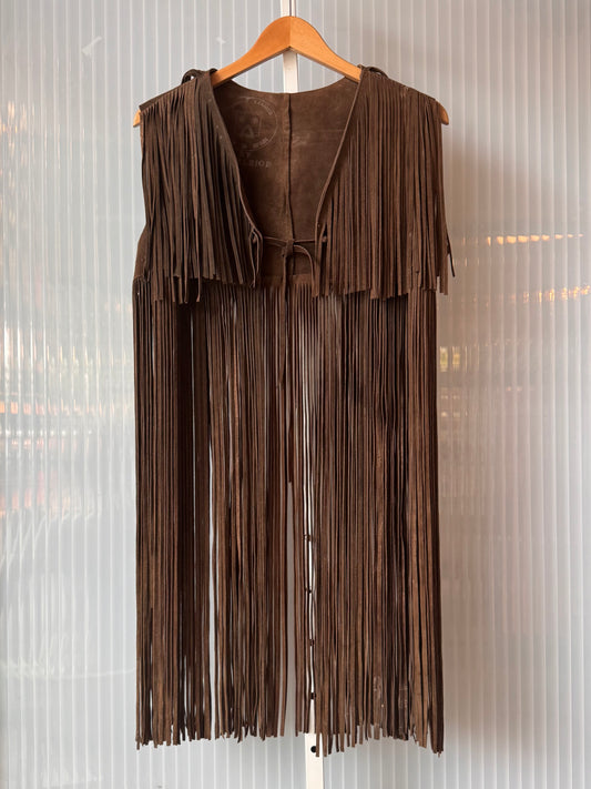 1970s Chocolate Suede Leather Vest w/ Long Fringe