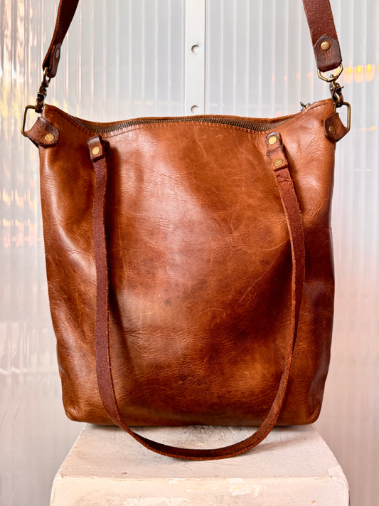 Brown Leather Crossbody Tote Bag