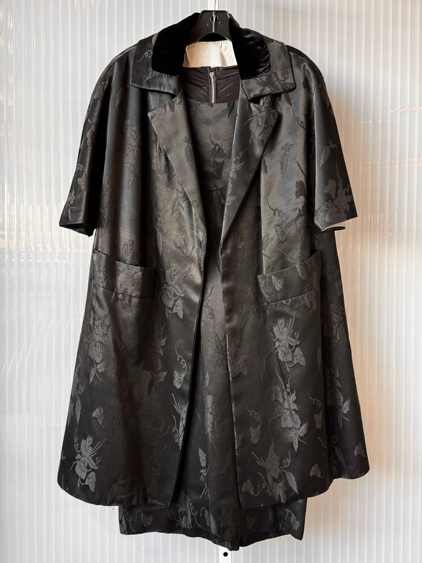 1980s Black Jacquard Floral Print Silk-Feel Jacket & Dress Set
