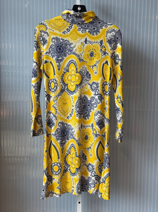 1970s Blue & Yellow Abstract Floral Pattern Turtleneck Mini Dress